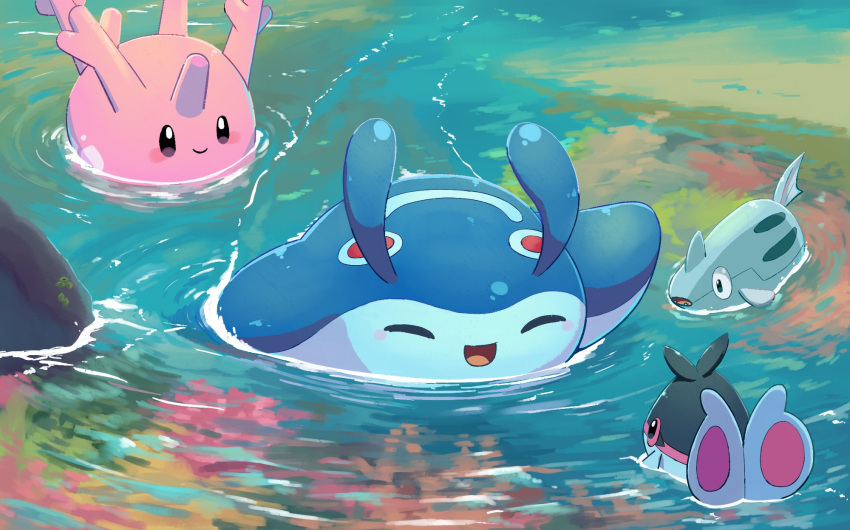 aquabluu closed_eyes corsola finneon highres mantyke no_humans open_mouth outdoors partially_submerged pokemon pokemon_(creature) remoraid water
