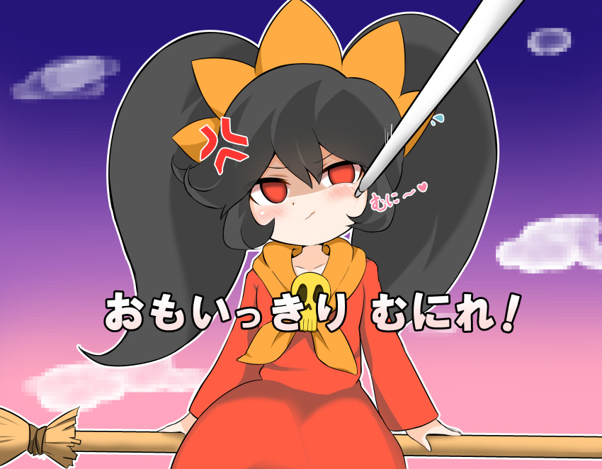 1girl absurdres anger_vein angry ashley_(warioware) big_hair black_hair brooch broom broom_riding cheek_pinching closed_eyes closed_mouth clouds commentary_request dress flat_chest flying_sweatdrops hair_between_eyes hairband heart highres hiyoko_setto jewelry light_blush long_hair long_sleeves looking_at_viewer motion_lines neckerchief no_pupils orange_hairband orange_neckerchief outdoors pinching red_dress red_eyes sidelocks sidesaddle skull_brooch skull_ornament sky solo stylus translation_request twintails warioware