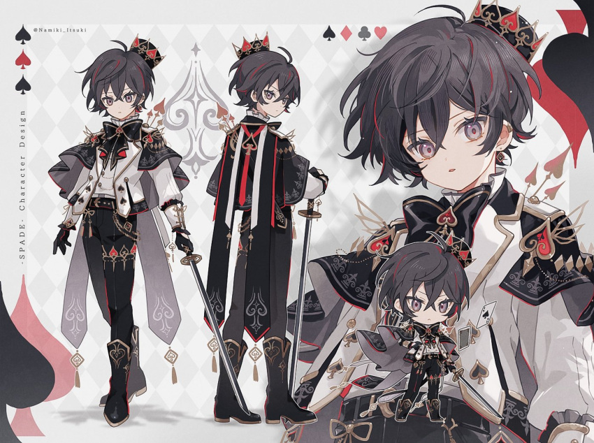 1boy black_bow black_cape black_footwear black_hair black_pants bow cape crown earrings formal grey_background grey_eyes holding holding_sword holding_weapon jacket jewelry long_sleeves male_focus mini_crown multicolored_background multicolored_hair namiki_itsuki open_mouth original pants redhead reference_sheet shirt short_hair solo spade_(shape) sword weapon white_background white_jacket white_shirt