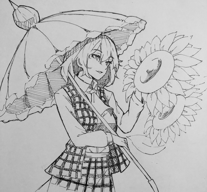 1girl ascot collared_shirt commentary flower greyscale highres holding holding_umbrella kanaria_(bocmn) kazami_yuuka long_sleeves monochrome one-hour_drawing_challenge parted_lips plaid plaid_skirt plaid_vest shirt short_hair simple_background sketch skirt solo sunflower touhou traditional_media umbrella vest