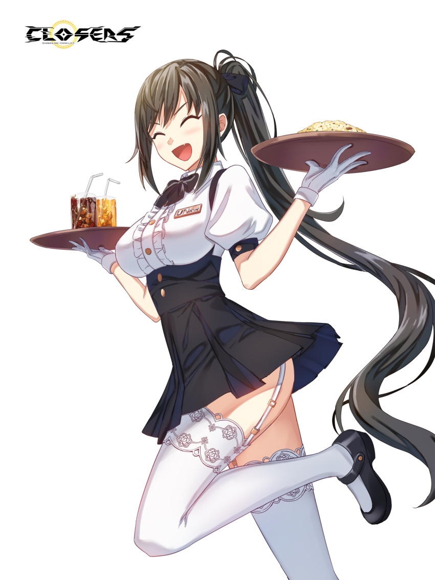 1girl ass badge black_bow black_bowtie black_footwear black_hair black_skirt blush bow bowtie breasts center_frills closed_eyes closers collared_shirt copyright_name cowboy_shot drink drinking_straw fang food fried_rice frills from_side garter_straps glasses gloves hair_bow hands_up high-waist_skirt highres holding holding_tray ice ice_cube lace-trimmed_thighhighs large_breasts leg_up logo long_hair mary_janes miniskirt official_art open_mouth pleated_skirt ponytail puffy_short_sleeves puffy_sleeves running shirt shoes short_sleeves sidelocks skirt smile solo suspender_skirt suspenders thigh-highs tray underbust v-shaped_eyebrows very_long_hair waitress white_background white_gloves white_shirt white_thighhighs yuri_seo zettai_ryouiki