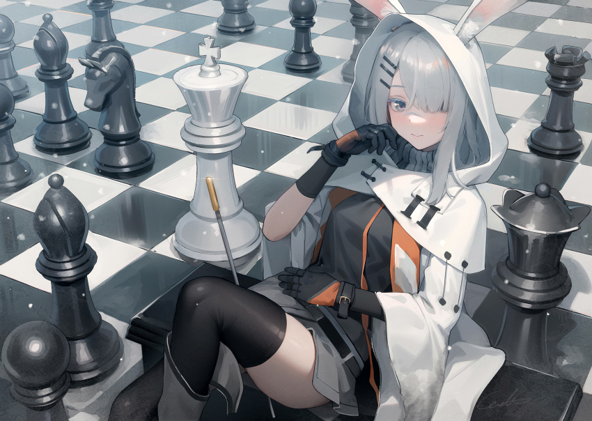 1girl absurdres animal_ears arknights between_legs bishop_(chess) black_shirt blush board_game breasts checkered_floor chess chess_piece chessboard cloak commentary_request frostnova_(arknights) gloves hair_ornament hair_over_one_eye hairclip hand_up highres hood hood_up king_(chess) knee_up knight_(chess) leaning_back legs long_hair looking_at_viewer medium_breasts miniskirt oversized_object queen_(chess) rabbit_ears rabbit_girl rook_(chess) shirt sitting_on_bench skindentation skirt smile snowflakes snowing solo thigh-highs thighs welt_(kinsei_koutenkyoku) white_cloak white_eyes white_hair