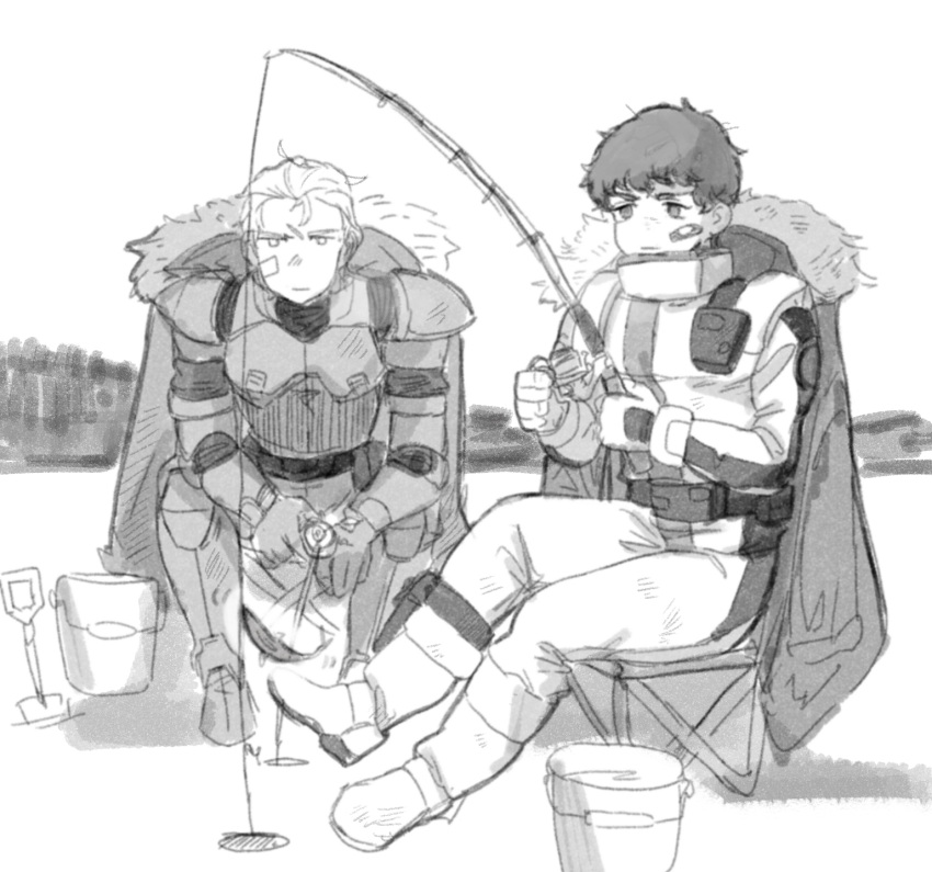 2boys amuro_ray bandaid bandaid_on_cheek bandaid_on_face belt belt_pouch boots bucket camping_chair chair char's_counterattack char_aznable closed_mouth coat coat_removed ex.rudo expressionless fishing fishing_rod full_body fur-trimmed_coat fur_trim greyscale gundam hair_slicked_back highres holding holding_fishing_rod holster ice_fishing jitome male_focus monochrome multiple_boys normal_suit on_chair outdoors pilot_suit pouch scar scar_on_face scar_on_forehead short_hair shovel sitting thigh_holster