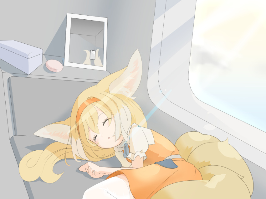 1girl animal_ear_fluff animal_ears arknights blonde_hair blue_ribbon closed_mouth commentary_request dress feigning_sleep fie_in_b86 fox_ears fox_girl fox_tail hairband kitsune kyuubi long_hair lying mirror multicolored_hair multiple_tails neck_ribbon official_alternate_costume on_side orange_dress orange_hairband parted_lips pinafore_dress prehensile_tail puffy_short_sleeves puffy_sleeves reflection ribbon selfie shirt short_sleeves sleeveless sleeveless_dress solo suzuran_(arknights) suzuran_(let's_carnival!)_(arknights) tail thigh-highs two-tone_hair white_hair white_shirt white_thighhighs