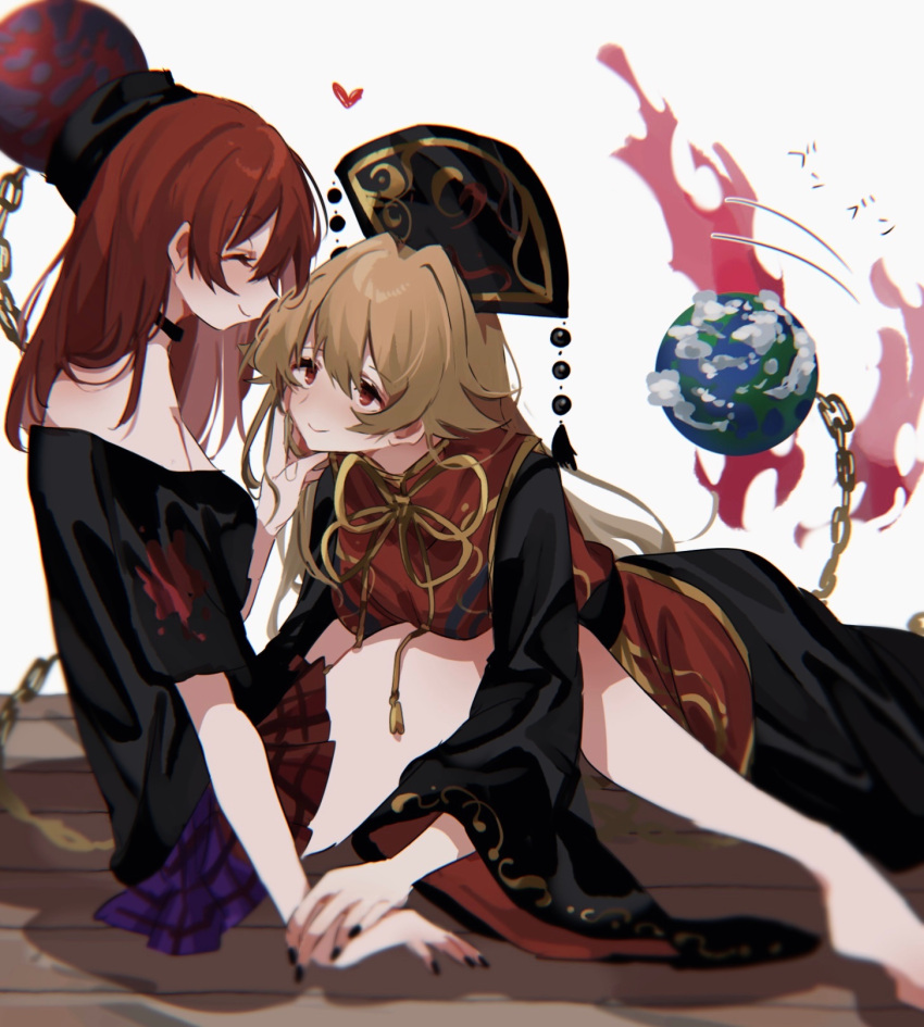 ayahi_4 black_nails black_shirt blonde_hair blush bow breasts chain chinese_clothes closed_eyes commentary crescent earth_(ornament) gold_chain hand_on_another's_face hand_on_another's_hand heart hecatia_lapislazuli highres junko_(touhou) long_hair looking_at_another medium_breasts medium_hair off-shoulder_shirt off_shoulder phoenix_crown plaid plaid_skirt polos_crown pom_pom_(clothes) red_eyes redhead shirt sidelocks sitting skirt smile t-shirt tabard tassel touhou underworld_(ornament) yellow_bow yuri