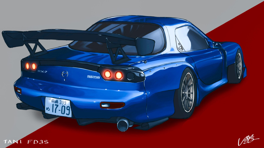 blue_car car english_text exhaust_pipe from_behind highres license_plate mazda mazda_rx-7 mazda_rx-7_fd motor_vehicle no_humans original red_background shadow signature simana simple_background spoiler_(automobile) sports_car two-tone_background vehicle_focus white_background
