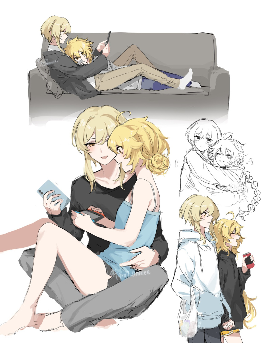 1boy 1girl aether_(genshin_impact) alternate_costume alternate_hairstyle arms_up artist_name bare_shoulders barefoot black_hoodie black_shirt blonde_hair blue_pants blue_tank_top braid brother_and_sister brown_eyes can cellphone closed_eyes closed_mouth collarbone collared_shirt couch genshin_impact grey_jacket grey_pants grey_shorts grey_sweater hair_between_eyes hair_bun hand_in_pocket hand_on_another's_shoulder hand_up handheld_game_console hands_up highres holding holding_handheld_game_console holding_hands holding_phone hood hoodie hug jacket long_hair long_sleeves looking_down looking_to_the_side lumine_(genshin_impact) lying lying_on_person nintendo_switch on_back on_side open_clothes open_jacket open_mouth package pants phone pocket shirt short_hair short_hair_with_long_locks short_shorts shorts siblings sidelocks simple_background sitting smartphone smile socks soda_can sweater tank_top taro7_omaeee teeth white_background white_hoodie white_shirt white_socks yellow_eyes yellow_pants yellow_shorts