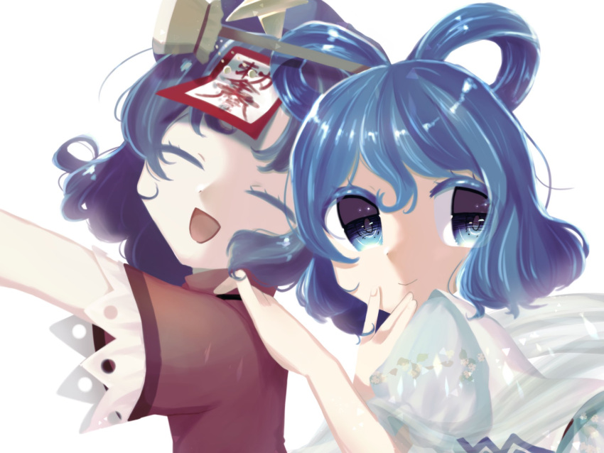 2girls :d black_ribbon blue_dress blue_eyes blue_hair cabbie_hat closed_eyes closed_mouth commentary_request dress fingernails grey_headwear hair_ornament hair_rings hair_stick hand_on_another's_shoulder hat hat_ornament highres jiangshi kaku_seiga lace-trimmed_sleeves lace_trim looking_at_viewer medium_bangs miyako_yoshika momoko-san multiple_girls neck_ribbon ofuda open_mouth red_shirt ribbon shirt short_hair short_sleeves simple_background smile star_(symbol) star_hat_ornament touhou upper_body vest white_background white_vest