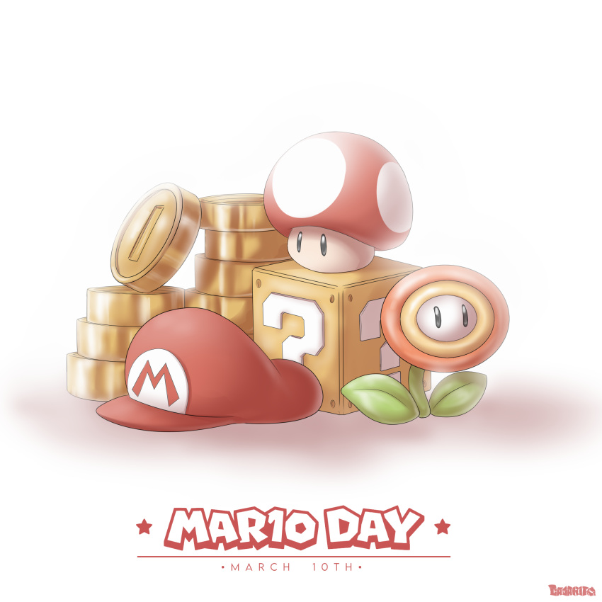 ?_block artist_name coin elcajarito english_text fire_flower gold_coin hat highres mario_day no_humans red_headwear simple_background super_mario_bros. super_mushroom watermark white_background