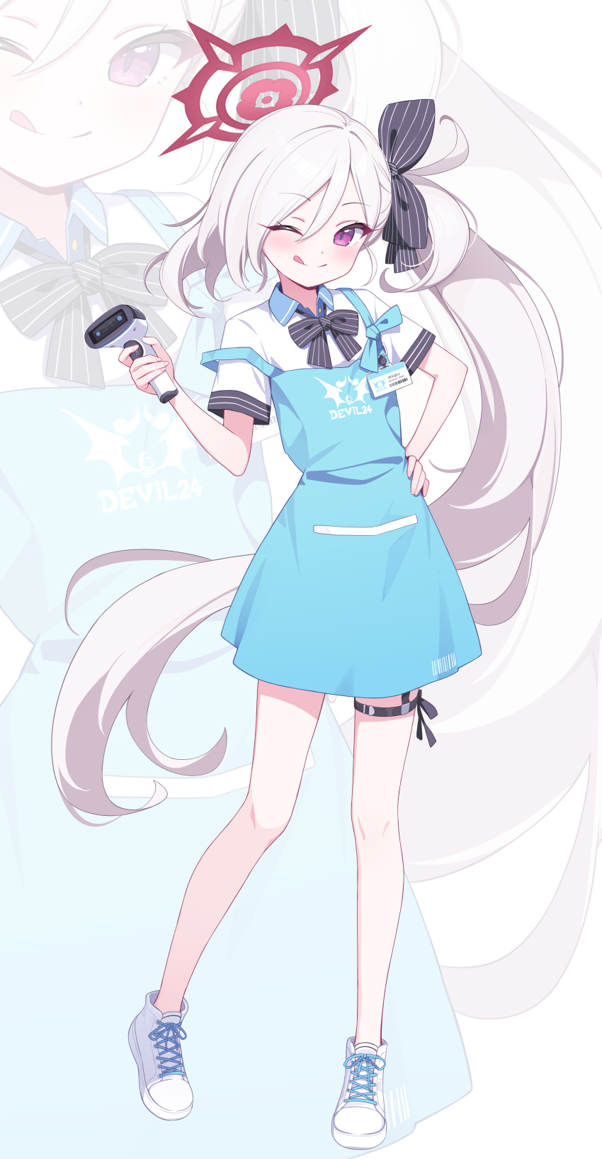 1girl ;q absurdres alternate_costume apron black_bow black_bowtie blue_apron blue_archive bow bowtie cosplay cross-laced_footwear deadnooodles full_body grey_hair hair_between_eyes hair_bow halo hand_on_own_hip highres long_hair looking_at_viewer mutsuki_(blue_archive) one_eye_closed projected_inset red_halo shirt shoes short_sleeves side_ponytail smile solo sora_(blue_archive) sora_(blue_archive)_(cosplay) standing striped striped_bow tongue tongue_out very_long_hair violet_eyes white_footwear white_shirt zoom_layer