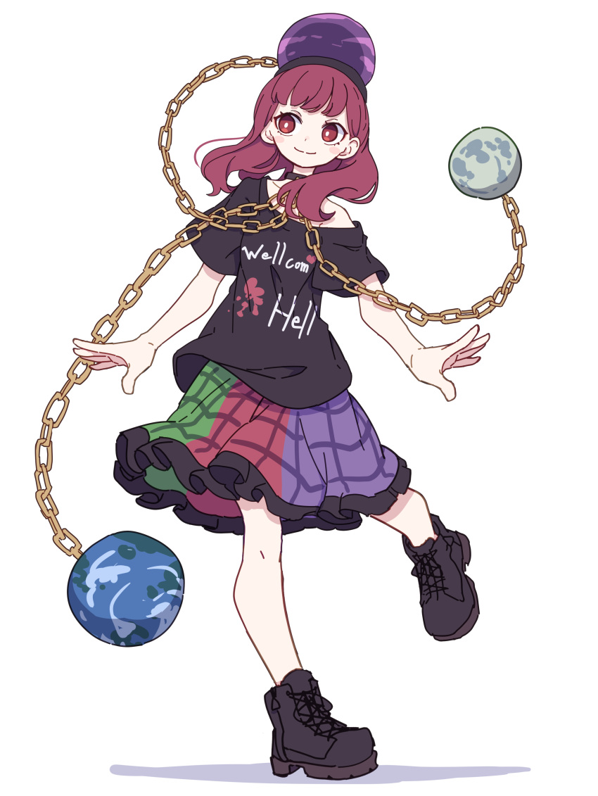 1girl absurdres black_footwear black_headwear black_shirt blush_stickers chain closed_mouth clothes_writing earth_(ornament) frilled_skirt frills full_body hecatia_lapislazuli highres kame_(kamepan44231) medium_hair moon_(ornament) multicolored_clothes multicolored_skirt one-hour_drawing_challenge polos_crown red_eyes redhead shirt shoes short_sleeves simple_background skirt smile solo touhou white_background