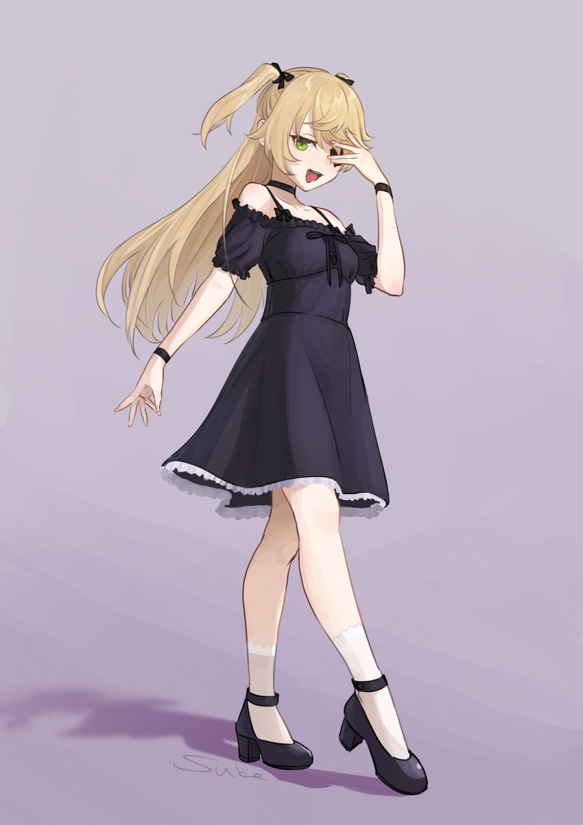 1girl :d alternate_costume black_choker black_dress black_footwear casual choker collarbone commentary_request contemporary detached_sleeves dress eyepatch fischl_(genshin_impact) genshin_impact green_eyes high_heels highres light_brown_hair long_bangs long_hair looking_at_viewer short_sleeves sidelocks simple_background smile solo spaghetti_strap suke two_side_up wristband