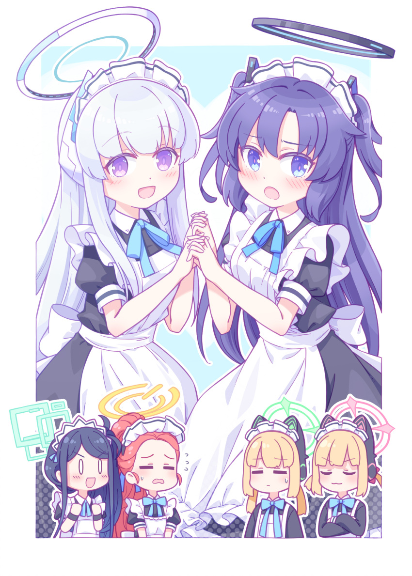 0_0 6+girls :d =_= alternate_costume animal_ear_headphones animal_ears apron aris_(blue_archive) aris_(maid)_(blue_archive) black_dress black_hair blonde_hair blue_archive blue_bow blue_eyes blue_hair blush bow chibi closed_eyes closed_mouth collared_dress commentary_request crossed_arms dress enmaided fake_animal_ears forehead frilled_apron frills grey_hair hair_bun halo harada_(sansei_rain) headphones highres holding_hands interlocked_fingers long_hair long_sleeves maid maid_apron maid_headdress midori_(blue_archive) midori_(maid)_(blue_archive) momoi_(blue_archive) momoi_(maid)_(blue_archive) multiple_girls noa_(blue_archive) parted_bangs power_symbol puffy_long_sleeves puffy_short_sleeves puffy_sleeves redhead short_sleeves smile sweat swept_bangs two_side_up v-shaped_eyebrows very_long_hair violet_eyes white_apron wrist_cuffs yuuka_(blue_archive) yuzu_(blue_archive) yuzu_(maid)_(blue_archive)