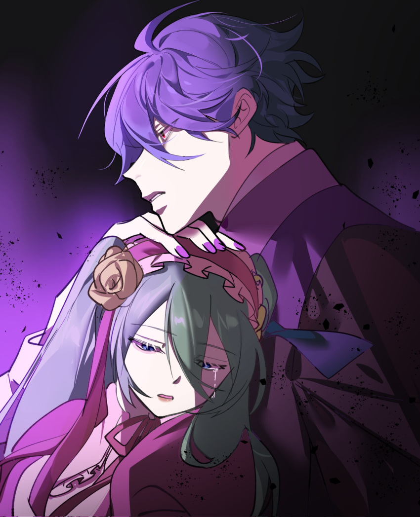 1boy 1girl akutoku_no_judgement_(vocaloid) bags_under_eyes black_robe blue_eyes clockworker's_doll collar collared_shirt comforting crying crying_with_eyes_open dress empty_eyes evillious_nendaiki eyelashes father_and_daughter flower frilled_collar frilled_hairband frills gallerian_marlon glowing glowing_eyes green_hair hair_between_eyes hair_flower hair_ornament hairband hakoniwa_no_shoujo_(vocaloid) half-closed_eyes hand_on_another's_head hatsune_miku headpat highres judge juliet_sleeves kaimiku_yummy kaito_(vocaloid) long_hair long_sleeves looking_down michelle_marlon pale_skin parted_lips pink_dress pink_hair pink_lips puffy_sleeves purple_background purple_nails red_eyes robe rose shirt streaming_tears tears twintails very_long_hair victorian vocaloid yellow_flower yellow_rose