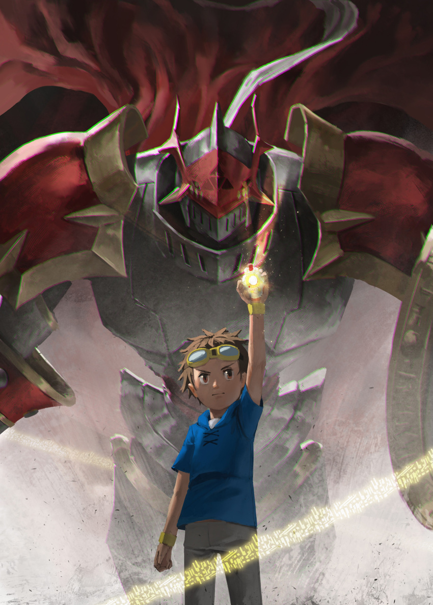 1boy 1other armor brown_hair cape digimon digimon_(creature) digimon_tamers digivice dukemon goggles goggles_on_head highres lance matsuda_takato mayozom polearm red_cape shield size_difference weapon