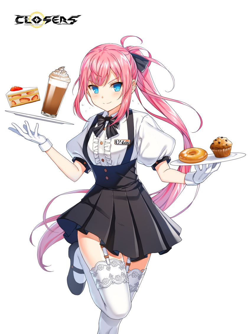 1girl badge black_bow black_bowtie black_footwear black_skirt blue_eyes blush bow bowtie breasts cake cake_slice center_frills closed_mouth closers coffee collared_shirt copyright_name cowboy_shot cup cupcake doughnut drinking_glass floating_hair flying_sweatdrops food frills garter_straps gloves hair_bow hands_up high-waist_skirt highres holding holding_plate ice_cream ice_cream_float lace-trimmed_thighhighs leg_up logo long_hair looking_at_viewer mary_janes miniskirt official_art pink_hair plate pleated_skirt ponytail puffy_short_sleeves puffy_sleeves seulbi_lee shirt shoes short_sleeves sidelocks skirt small_breasts smile solo standing standing_on_one_leg strawberry_cake suspender_skirt suspenders thigh-highs underbust v-shaped_eyebrows very_long_hair waitress white_background white_gloves white_shirt white_thighhighs zettai_ryouiki