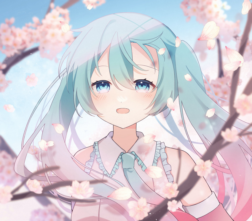 1girl absurdres blue_eyes blue_hair blush branch cherry_blossoms collared_shirt day hatsune_miku highres long_hair necktie open_mouth outdoors shirt sky sleeveless sleeveless_shirt smile solo straight-on twintails upper_body vocaloid yomiya_yumeha