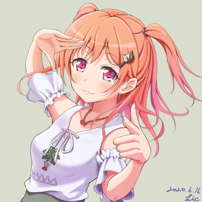 1girl :3 bang_dream! blush breasts cat_hair_ornament collarbone commentary dated detached_sleeves hair_ornament highres hiromachi_nanami jewelry lic_(licloud28) looking_at_viewer necklace orange_hair pink_eyes pink_hair salute shirt signature simple_background small_breasts smile solo two_side_up upper_body