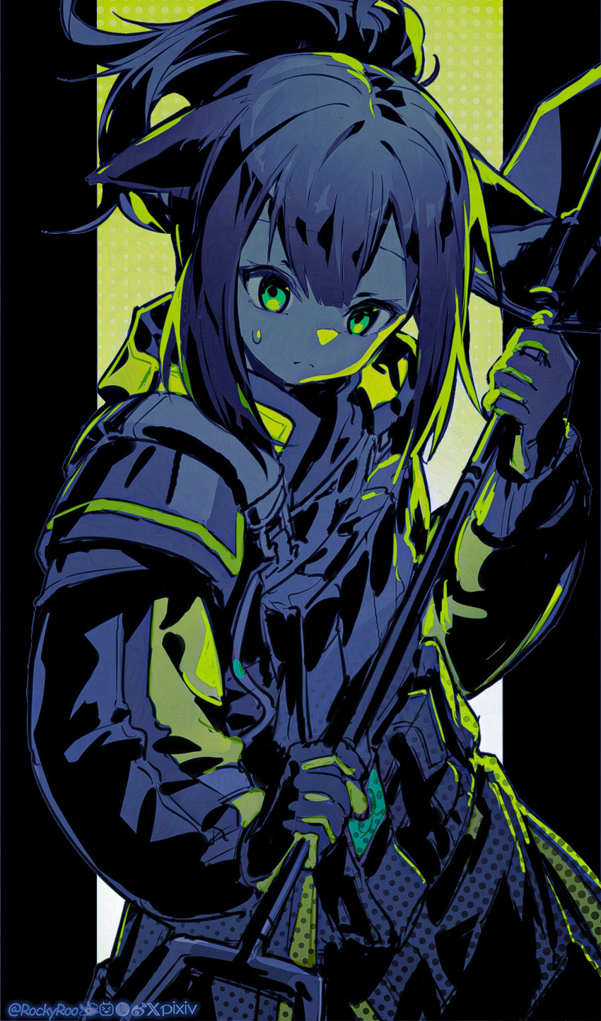 1girl absurdres arknights artist_name closed_mouth commentary_request cowboy_shot expressionless green_eyes highres holding holding_shovel implied_extra_ears jessica_(arknights) limited_palette ponytail rockyroo shovel solo sweatdrop