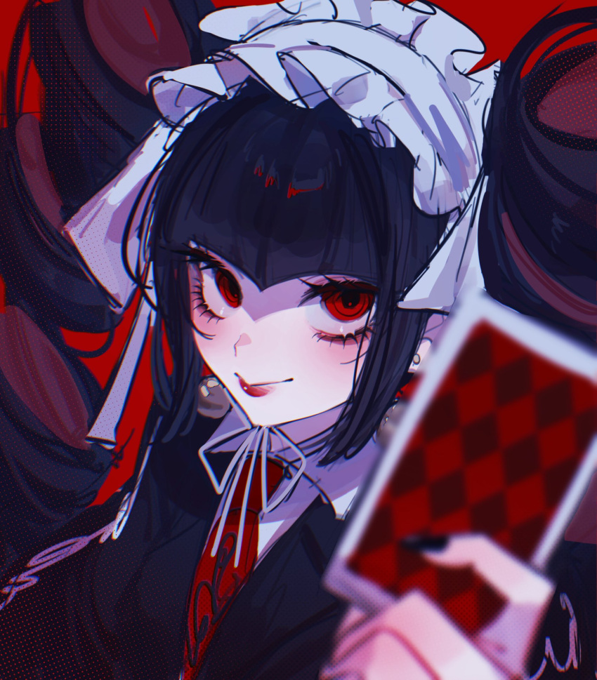 1girl black_hair black_jacket black_nails card celestia_ludenberg danganronpa:_trigger_happy_havoc danganronpa_(series) drill_hair gnasrop gothic_lolita hand_up headdress highres holding holding_card jacket lolita_fashion long_hair long_sleeves looking_at_viewer necktie playing_card red_background red_eyes red_necktie smile solo twin_drills twintails