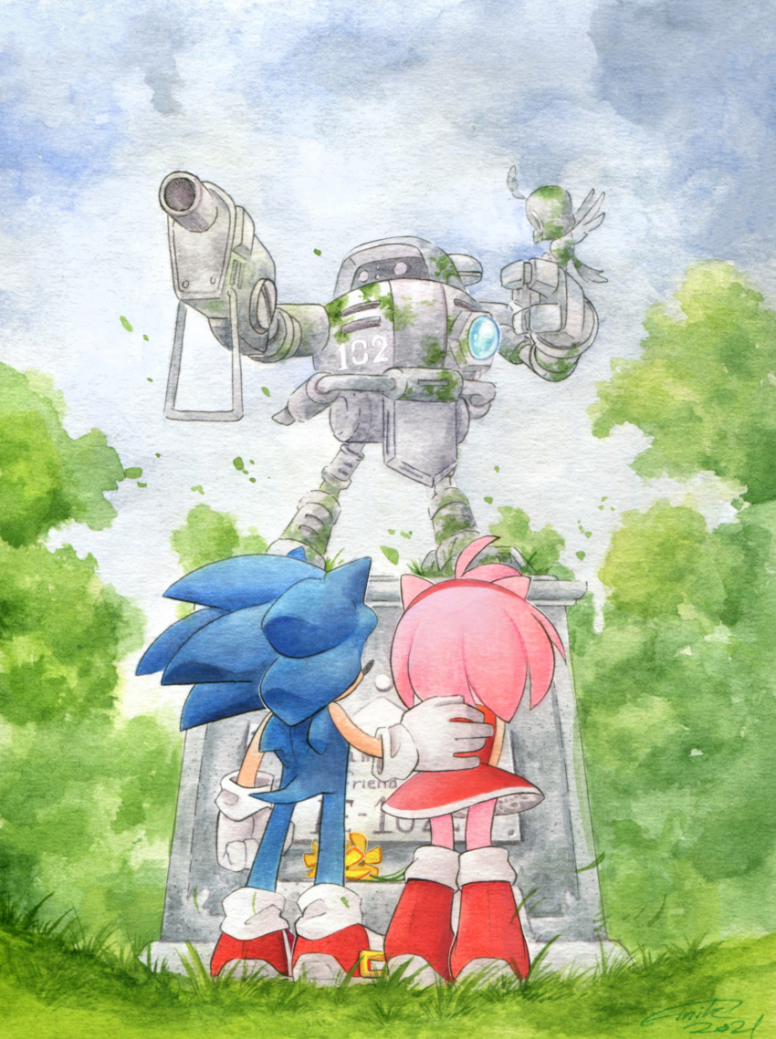 1boy 1girl amy_rose dress e-102_gamma finik flicky_(character) flower full_body furry furry_female gloves grass highres moss red_dress red_footwear shoes signature sneakers sonic_(series) sonic_adventure sonic_the_hedgehog statue white_gloves yellow_flower