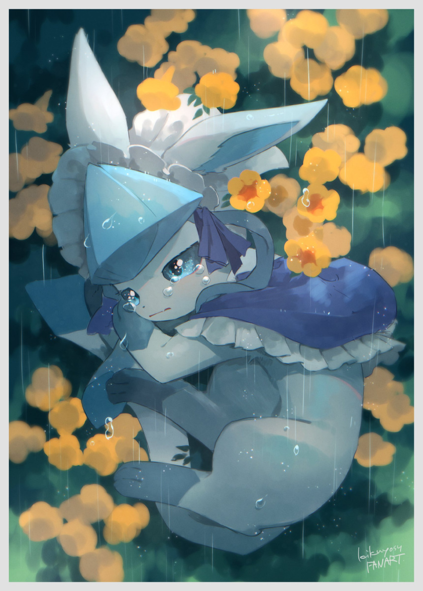 absurdres border commentary_request crying flower frills from_above full_body glaceon highres kikuyoshi_(tracco) lying no_humans on_side outdoors pokemon pokemon_(creature) rain signature solo tears white_border yellow_flower