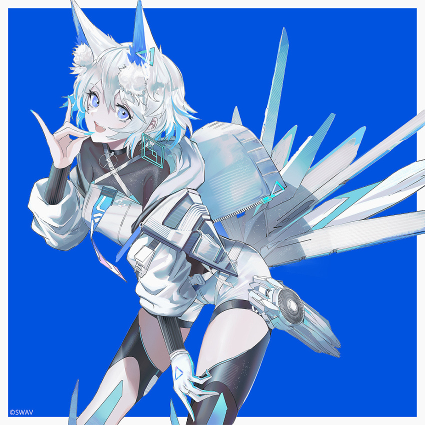 1girl artist_name black_thighhighs blue_background blue_eyes blue_nails border breasts cevio coko_(cevio) gloves highres leaning_forward looking_at_viewer mecha_musume single_glove smile solo swav thigh-highs white_border white_gloves white_hair