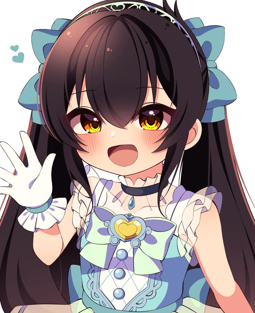 1girl aqua_bow back_bow black_hair blue_dress blush bow bowtie buttons collarbone commentary dot_nose dress flat_chest frilled_dress frilled_gloves frills gloves hair_between_eyes hair_bow hand_up highres idolmaster idolmaster_cinderella_girls long_hair looking_at_viewer maju_risa matoba_risa open_mouth see-through sidelocks smile solo tiara twintails upper_body waving white_background white_gloves yellow_eyes
