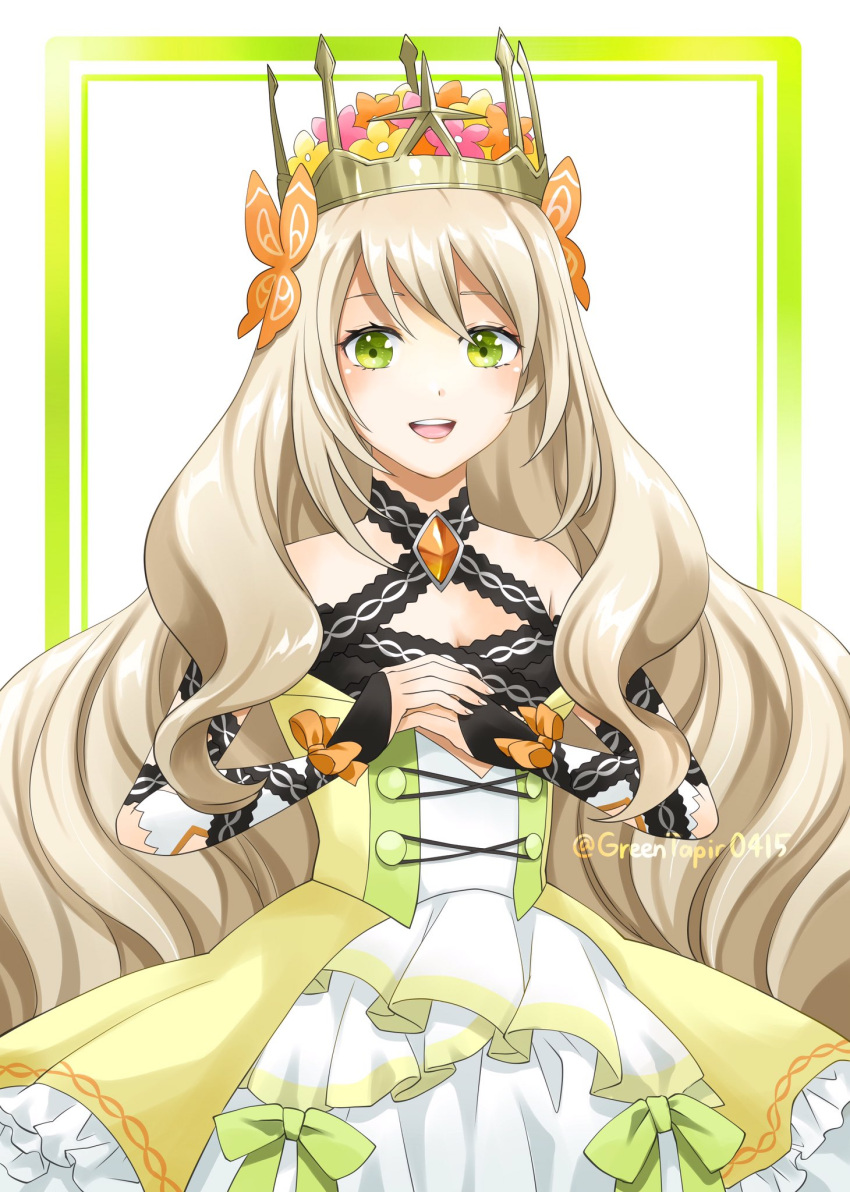 1girl :d bare_shoulders blonde_hair butterfly_hair_ornament celine_(fire_emblem) crown dress fire_emblem fire_emblem_engage flower green_eyes hair_flower hair_ornament highres long_hair looking_at_viewer midori_no_baku open_mouth own_hands_together simple_background smile solo teeth twitter_username upper_teeth_only very_long_hair yellow_dress