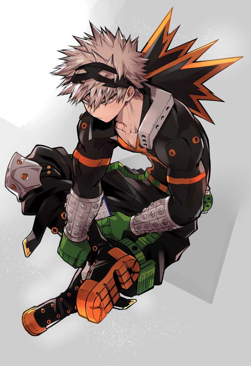 1boy adam's_apple alternate_hair_color baggy_pants bakugou_katsuki belt between_legs biceps black_footwear black_mask black_pants boku_no_hero_academia boots brown_hair card chiyaya closed_mouth collarbone combat_boots explosive eye_mask figure_four_sitting from_above frown full_body gloves green_gloves grenade grey_background hair_between_eyes hand_between_legs hand_on_own_leg headgear high_collar highres holding holding_card invisible_chair knee_boots knee_pads leaning_forward looking_at_viewer looking_to_the_side looking_up male_focus mask mask_on_head open_collar orange_eyes pants radar_chart sanpaku shoe_soles short_hair sideways_glance single_horizontal_stripe sitting snap-fit_buckle solo spiky_hair trading_card v-neck wrist_guards