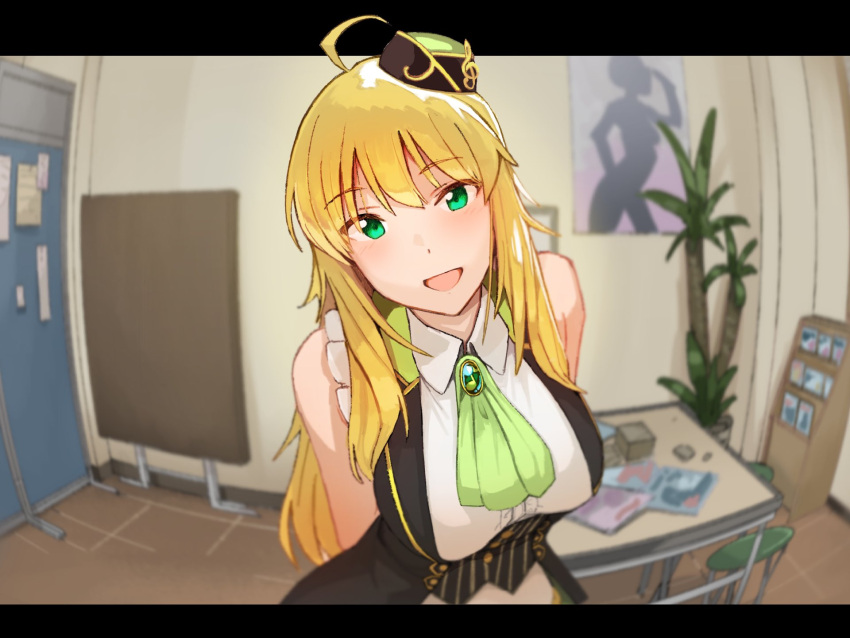 1girl ahoge arms_behind_back ascot bare_shoulders black_dress blonde_hair blurry blurry_background blush book breasts brooch brown_headwear dot_nose dress fisheye green_ascot green_eyes hat highres hoshii_miki idolmaster idolmaster_(classic) idolmaster_million_live! idolmaster_million_live!_theater_days indoors jewelry large_breasts leaning_forward long_hair looking_at_viewer mini_hat momo_no_suidou-sui open_mouth papers partition plant poster_(object) potted_plant sleeveless sleeveless_dress smile solo stool table tile_floor tiles upper_body