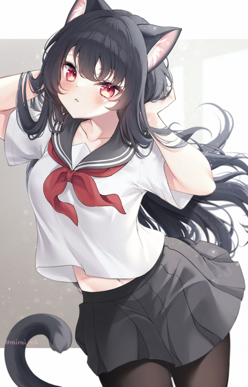 1girl :&lt; animal_ear_fluff animal_ears black_hair black_pantyhose black_sailor_collar black_skirt blush cat_ears cat_girl cat_tail closed_mouth commentary_request highres long_hair looking_at_viewer midriff_peek mirai_(happy-floral) navel neckerchief original pantyhose pleated_skirt red_eyes red_neckerchief sailor_collar school_uniform serafuku shirt short_sleeves skirt solo tail twitter_username very_long_hair white_shirt
