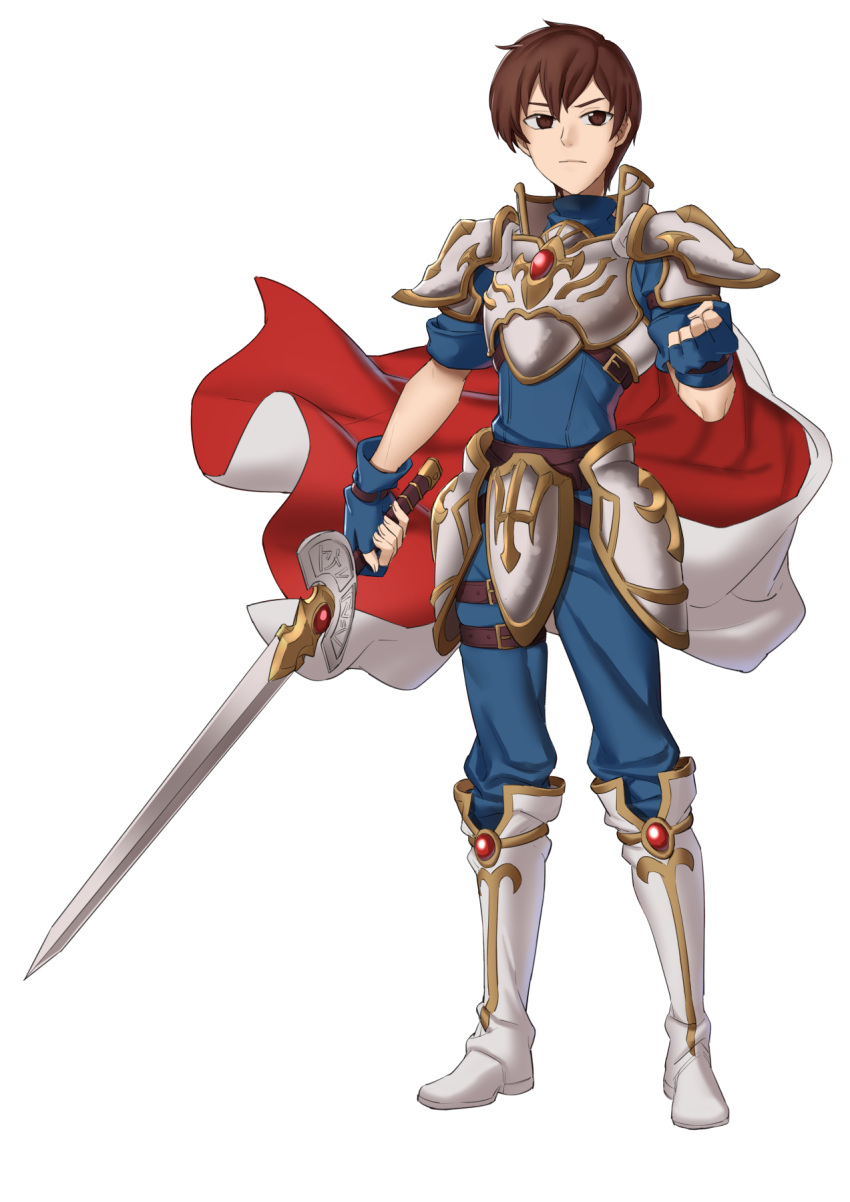 armor boots breastplate brown_eyes brown_hair cape clenched_hand ebinku fingerless_gloves fire_emblem fire_emblem:_genealogy_of_the_holy_war fire_emblem:_thracia_776 gloves highres holding holding_weapon leif_(fire_emblem) light_brand pauldrons red_cape short_hair shoulder_armor sword two-tone_cape weapon white_armor white_cape white_footwear