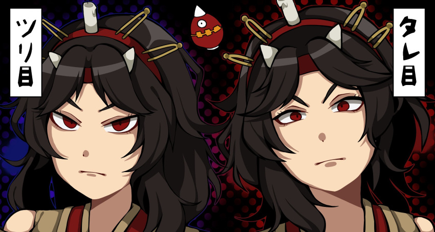 1jumangoku 1other androgynous bare_shoulders black_background black_hair brown_kimono candle chin closed_mouth commentary eyelashes frown hairband highres horns japanese_clothes kimono len'en long_hair looking_at_viewer polka_dot polka_dot_background red_eyes red_hairband shikigami small_horns taira_no_chouki tareme thick_eyebrows translated tsurime v-shaped_eyebrows white_horns