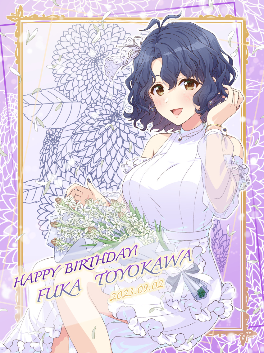 1girl :d absurdres bare_shoulders blue_hair blush bouquet bracelet breasts brown_eyes character_name dark_blue_hair dress earrings feet_out_of_frame flower framed frills hand_in_own_hair happy_birthday highres idolmaster idolmaster_million_live! idolmaster_million_live!_theater_days jewelry large_breasts long_sleeves looking_at_viewer nail_polish necklace open_mouth see-through see-through_sleeves shiro_(ongrokm) short_hair sitting smile solo tongue toyokawa_fuka wavy_hair white_dress