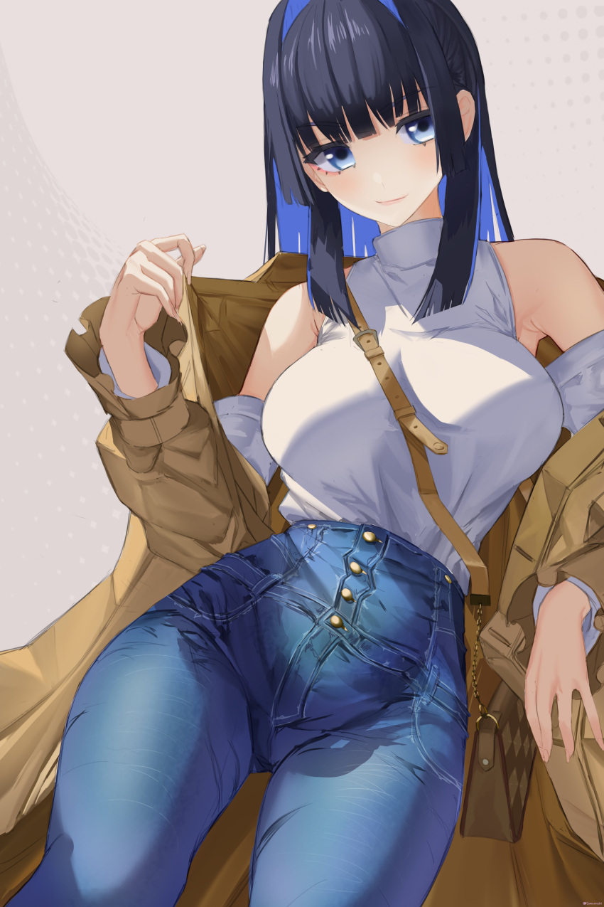 1girl absurdres artist_request bag bare_shoulders blue_eyes blue_hair denim feet_out_of_frame hair_intakes handbag highres hololive hololive_english jeans looking_at_viewer ouro_kronii ouro_kronii_(3rd_costume) pants sanzenshi shirt_tucked_in smile solo thighs virtual_youtuber