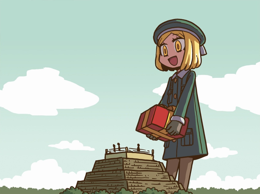 1girl beret blonde_hair blue_sky box clouds coat fate/grand_order fate_(series) giant giantess gift gift_box gloves green_coat green_headwear hat holding holding_gift open_mouth outdoors paul_bunyan_(fate) pyramid_(structure) riyo_(lyomsnpmp) short_hair sky smile solo yellow_eyes
