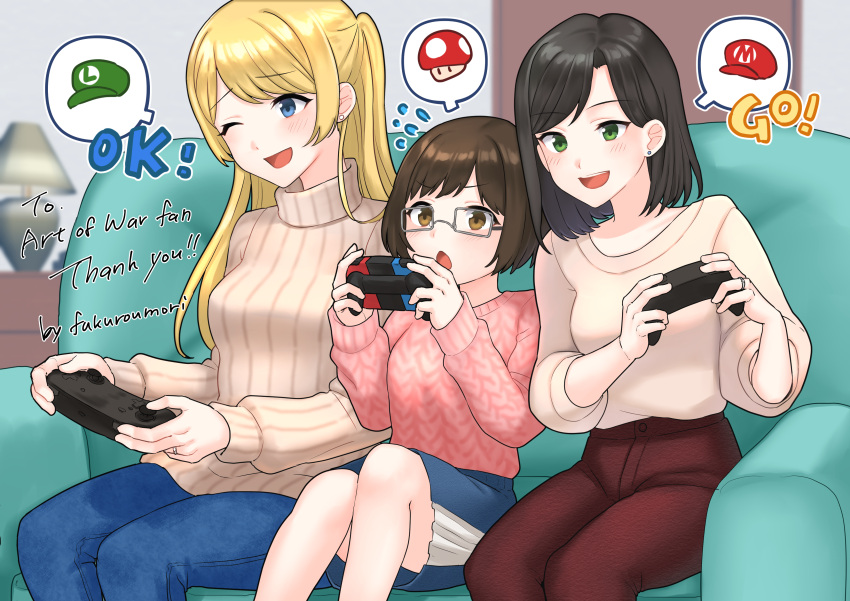 3girls absurdres black_hair blonde_hair blue_eyes brown_eyes brown_hair commission couch fukuroumori glasses green_eyes highres jewelry lamp long_hair mario_party mother_and_daughter multiple_girls nintendo_switch on_couch original pale_skin ring short_hair skeb_commission super_mario_bros. sweater wedding_ring wife_and_wife yuri