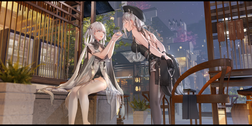 2girls absurdres arms_behind_back bare_shoulders barrel black_dress black_headwear blue_eyes bracelet building chair character_request closed_eyes dress gloves grey_dress grey_hair half_gloves highres jewelry leaning_forward long_hair multiple_girls night night_sky outdoors scenery sitting sky standing star_(sky) starry_sky swd3e2 thigh-highs tree very_long_hair wuthering_waves
