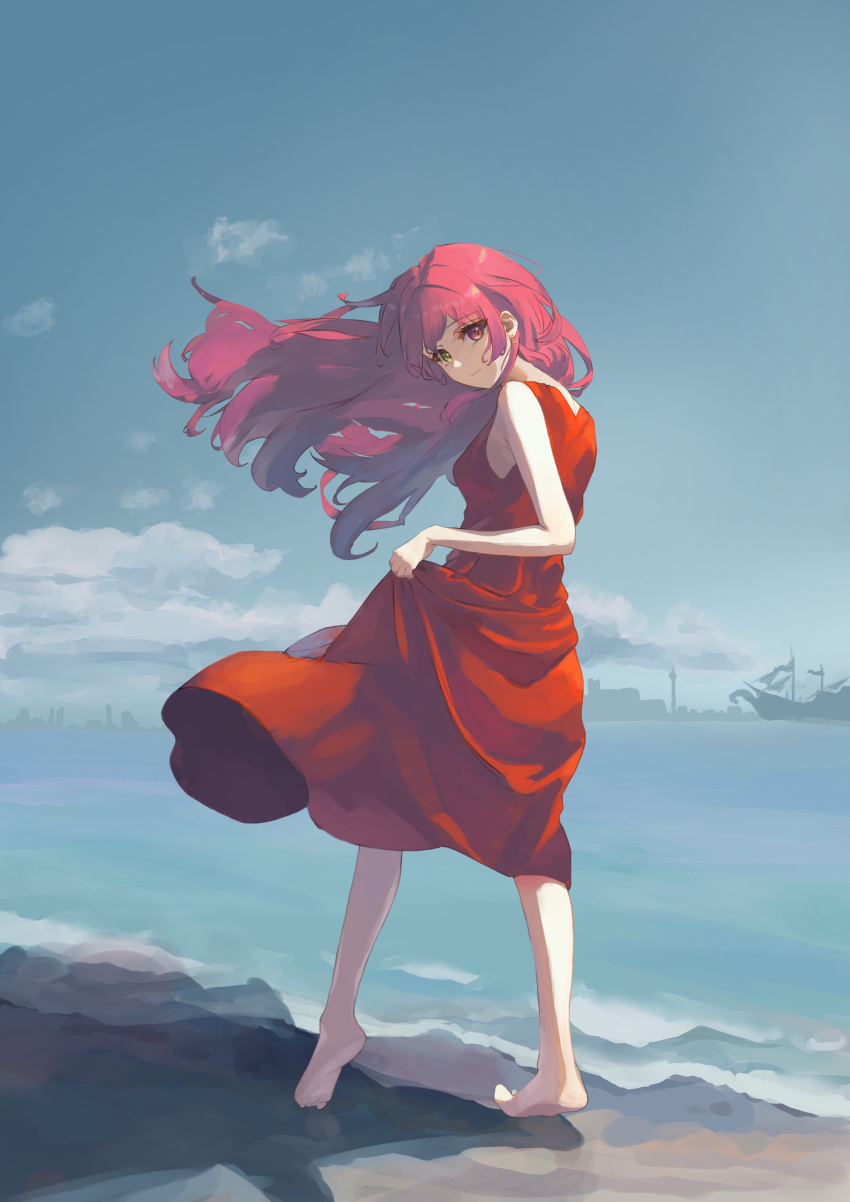 1girl absurdres alternate_costume alternate_hairstyle bare_arms bare_shoulders barefoot beach closed_mouth cocktail_dress commentary_request dress earrings from_behind from_side full_body hair_down heterochromia highres hololive houshou_marine jewelry long_dress long_hair looking_at_viewer ocean outdoors red_dress red_eyes redhead rikkusu shore skirt_hold smile solo virtual_youtuber yellow_eyes