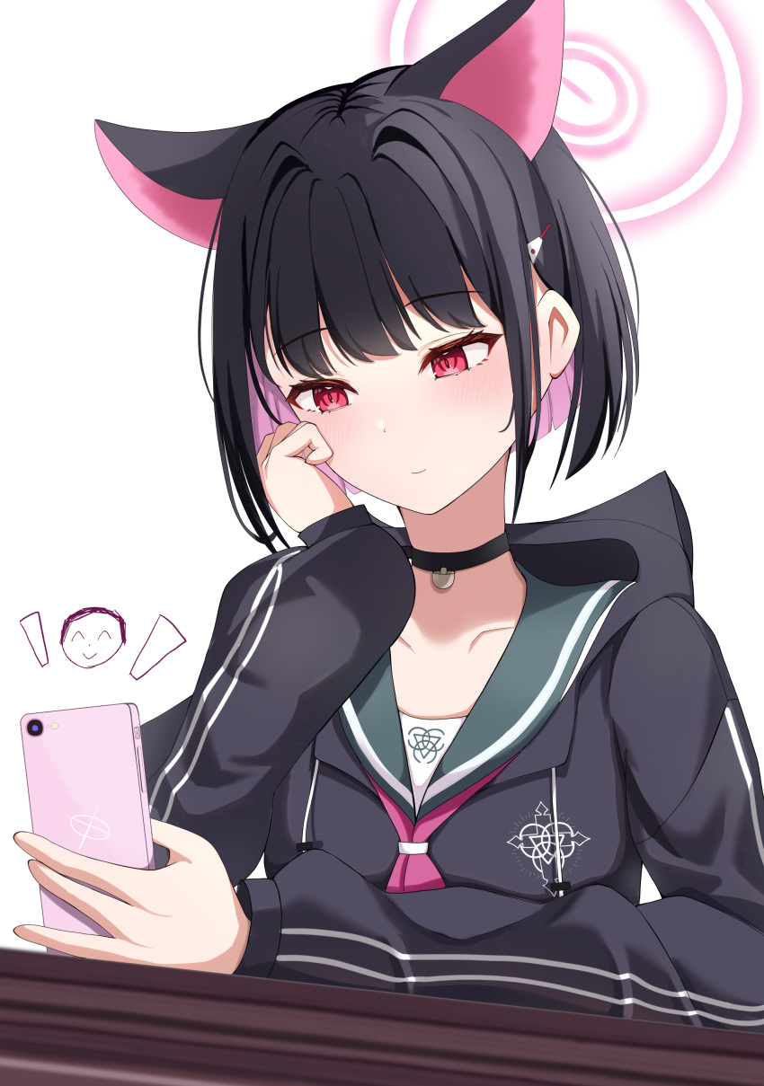 1girl absurdres animal_ears arona's_sensei_doodle_(blue_archive) black_choker black_hair black_hoodie blue_archive blush cat_ears cellphone choker closed_mouth colored_inner_hair commentary_request green_sailor_collar hair_ornament hairclip halo hand_on_own_cheek hand_on_own_face hand_up highres holding holding_phone hood hoodie kazusa_(blue_archive) long_sleeves looking_at_phone multicolored_hair neckerchief phone pink_hair pink_halo pink_neckerchief red_eyes sailor_collar school_uniform sensei_(blue_archive) short_hair simple_background smartphone solo uaru upper_body white_background