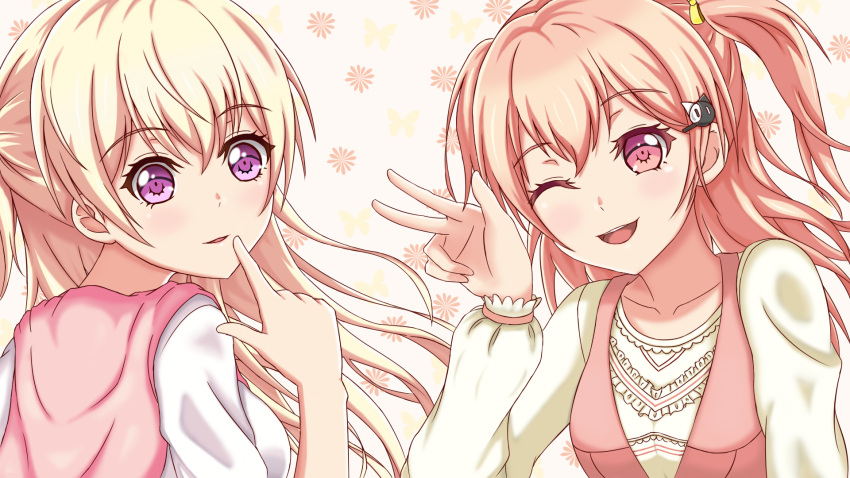 2girls ;d bang_dream! blonde_hair blush cat_hair_ornament collarbone finger_to_mouth hair_between_eyes hair_ornament hand_up highres hiromachi_nanami long_hair long_sleeves looking_at_viewer multiple_girls one_eye_closed one_side_up open_mouth orange_hair pink_eyes pink_hair shirasagi_chisato shirt smile two_side_up upper_body violet_eyes white_shirt