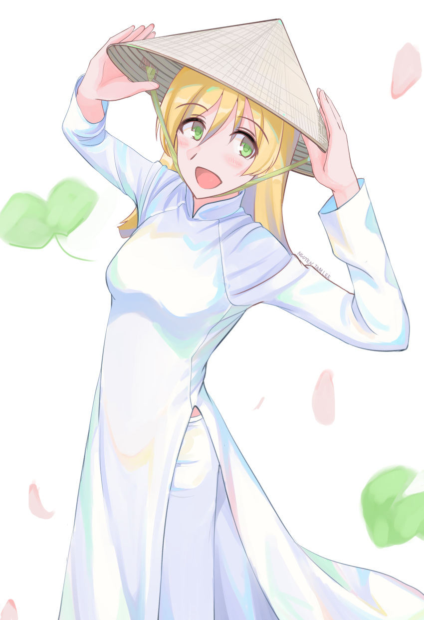 1girl absurdres blonde_hair daiba_nana falling_petals green_eyes hat highres holding holding_clothes holding_hat leaf looking_at_viewer nguyen_tam_lee open_mouth petals rice_hat shoujo_kageki_revue_starlight smile vietnamese_clothes vietnamese_dress white_background