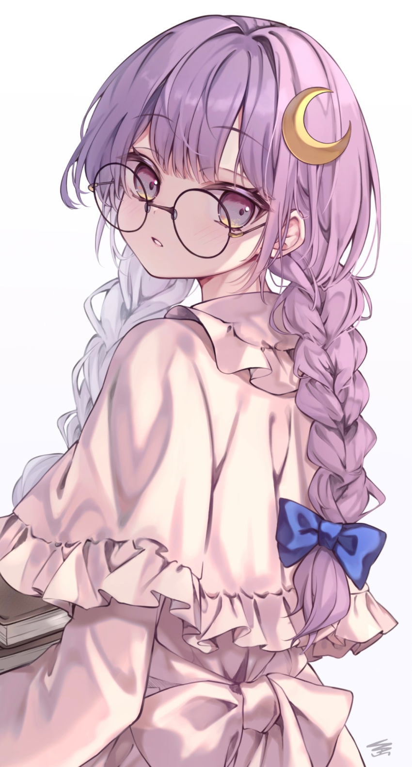 1girl alternate_hairstyle braid crescent crescent_hair_ornament dress glasses hair_ornament highres long_hair long_sleeves open_mouth patchouli_knowledge purple_dress purple_hair round_eyewear signature solo touhou twin_braids upper_body violet_eyes white_background yuineko