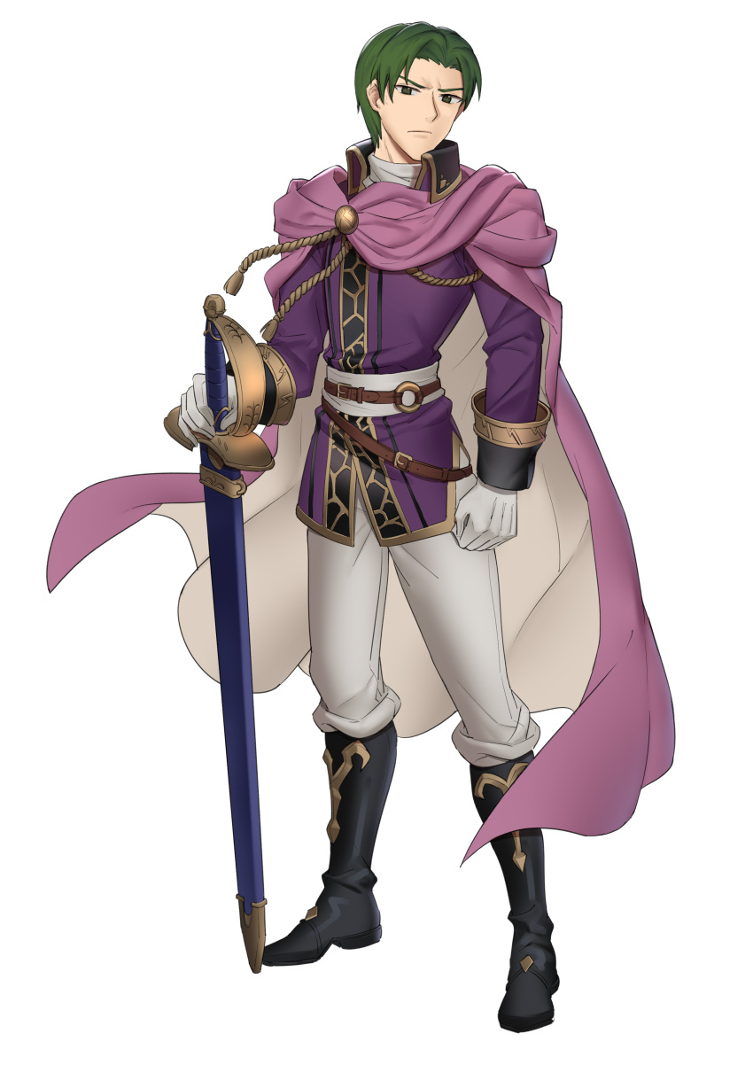 absurdres black_footwear boots cape clenched_hand coat ebinku fire_emblem fire_emblem:_thracia_776 full_body gloves highres holding holding_sword holding_weapon ilios_(fire_emblem) looking_at_viewer pants pink_cape purple_coat short_hair sword two-tone_cape weapon white_cape white_gloves white_pants