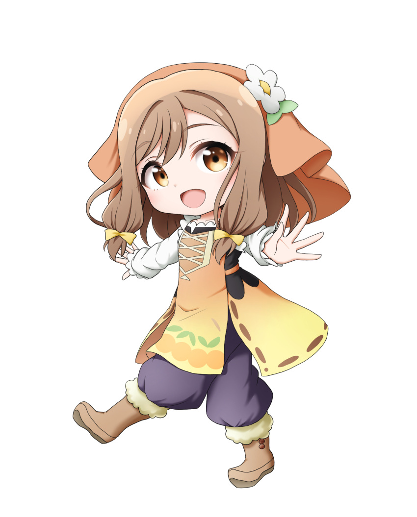1girl :d black_pants blush boots brown_eyes brown_footwear brown_hair chibi flower full_body fur-trimmed_boots fur_trim genjitsu_no_yohane highres kuena kunikida_hanamaru long_hair long_sleeves looking_at_viewer love_live! love_live!_sunshine!! outstretched_arms pants puffy_pants shirt simple_background sleeves_past_wrists smile solo walking white_background white_flower white_shirt
