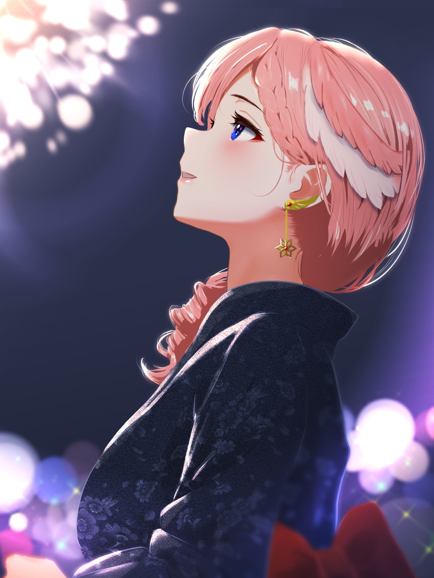 1girl absurdres back_bow black_kimono blue_eyes bow braid cohi27151463 earrings fireworks floral_print from_side hair_over_shoulder head_wings highres hololive japanese_clothes jewelry kimono long_hair looking_up night night_sky parted_lips pink_hair red_bow sky solo takane_lui upper_body wing_earrings wings