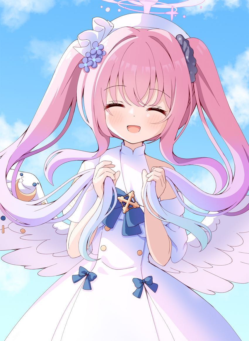 1girl :d ^_^ aged_down alternate_hairstyle angel_wings azel_(laevateinn495) blue_archive blue_bow blue_bowtie blue_sky blunt_bangs bow bowtie capelet closed_eyes clouds cloudy_sky commentary_request dress feathered_wings flower gradient_hair hair_flower hair_ornament hair_scrunchie halo highres long_hair looking_at_viewer mika_(blue_archive) multicolored_hair outdoors oversized_clothes pink_hair school_uniform scrunchie sidelocks sky smile solo twintails two-tone_hair white_capelet white_dress white_wings wings