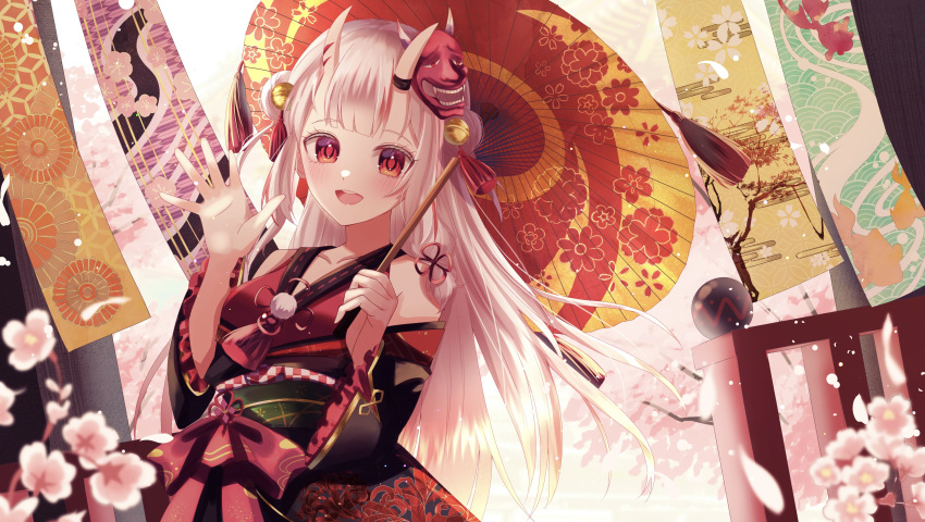1girl hololive horns junineu looking_at_viewer nakiri_ayame oni_horns open_mouth smile solo white_hair