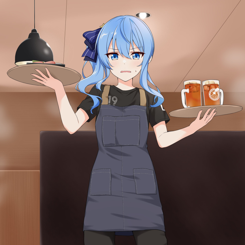 1girl absurdres alcohol apron beer black_shirt blue_hair commentary felutiahime food highres hololive hoshimachi_suisei indoors looking_at_viewer open_mouth shirt short_hair short_sleeves sweat tray virtual_youtuber waitress